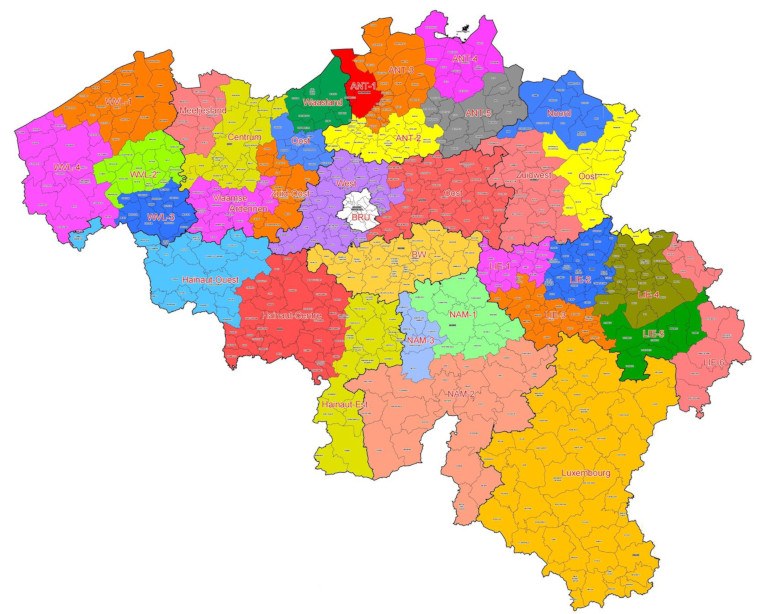 Image de la carte des 34 Zones de Secours de Belgique.